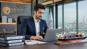 مرد جوان تاجر در حال بررسی شرایط دریافت کارت بازرگانی بدون کارت پایان خدمت در لپ تاپ